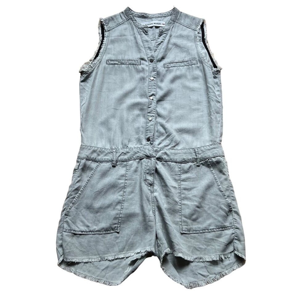 Etienne Marcel Size M Light Gray Frayed Edges Sleeveless Military Shorts Romper